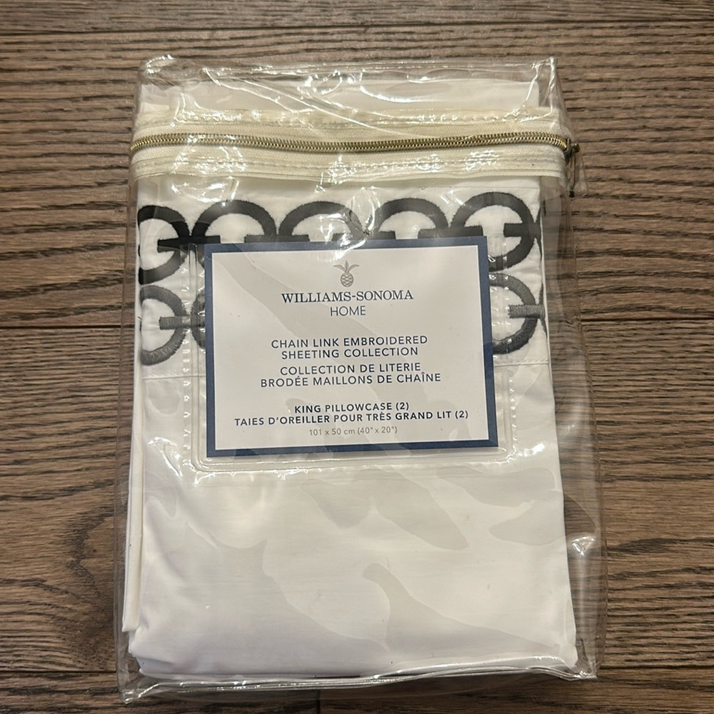 NEW Williams Sonoma Chain Link Embroidered King Pillowcases (2)